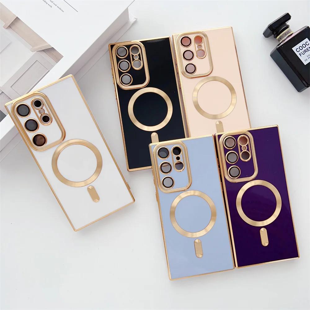Gold Plating Camera Lens Protection Magnetic Case for Samsung Galaxy S26 Ultra/S25 Solid Color Funda S23 Ultra/S22 Plus/S21