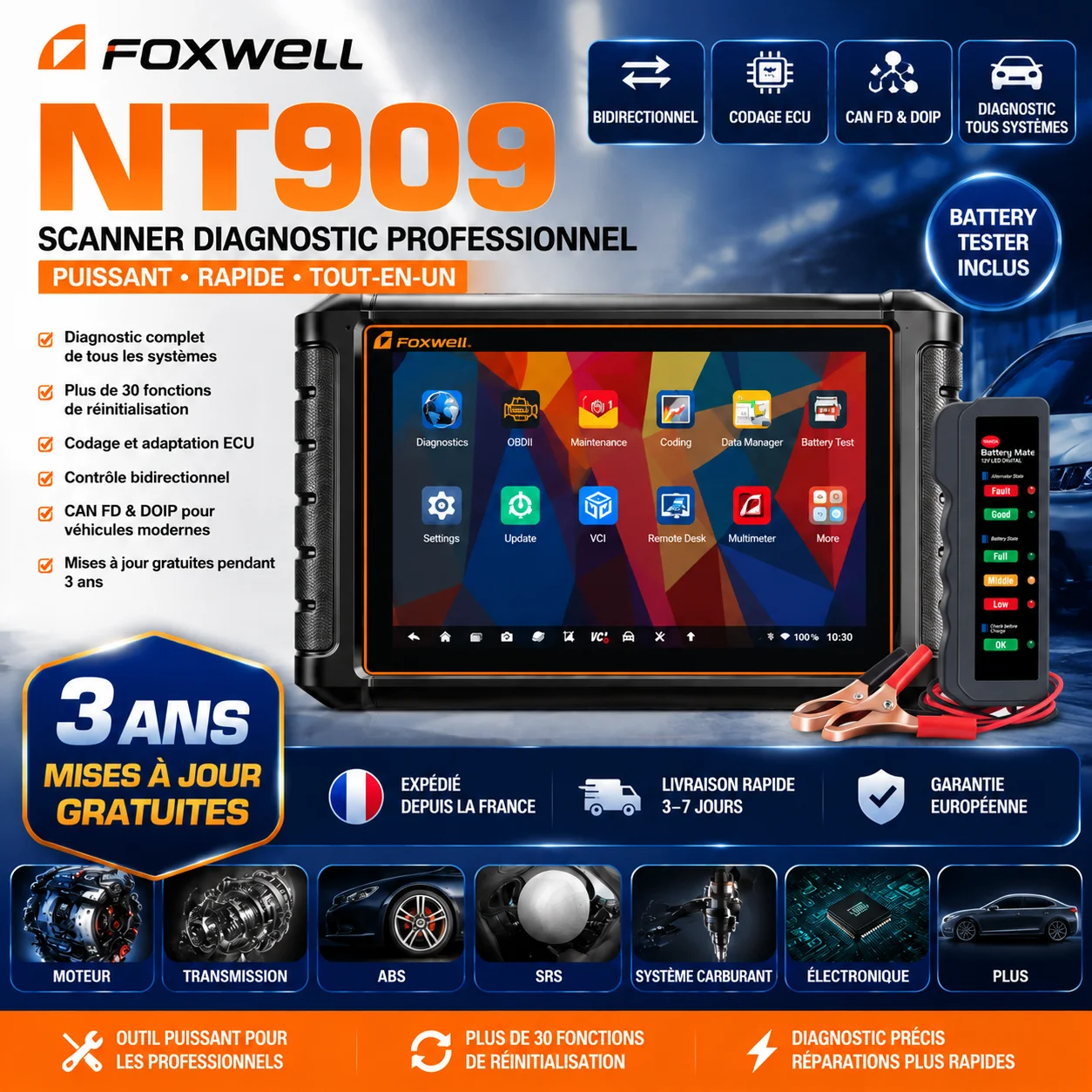 Foxwell NT909 OBD2-Scanner, bidirektionales CAN FD DOIP-Diagnosegerät für alle Fahrzeugsysteme, ECU-Codierung, 30+ Reset-Funktionen, Diagnosegerät