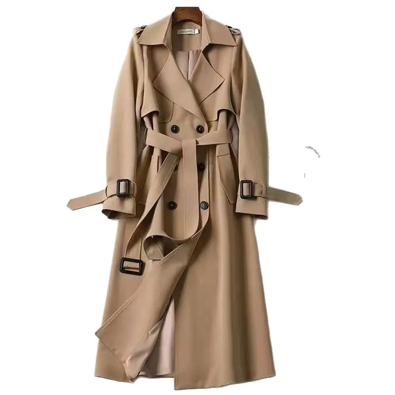 Women's Double Breasted Long Trench Coat Belted Notch Lapel Overcoat Autumn Winter Windproof Classic Outerwear