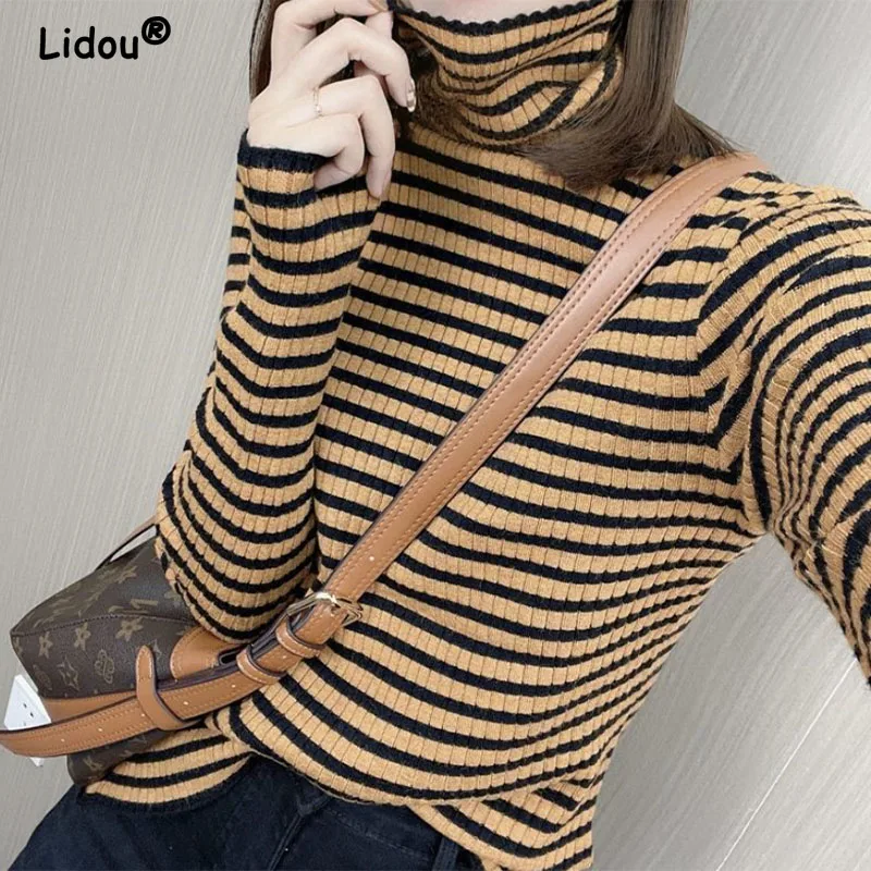 Autumn Winter Striped Turtleneck Knitted sweaters for women 2022 new long sleeve top Women sweater All-match bottoming shirt