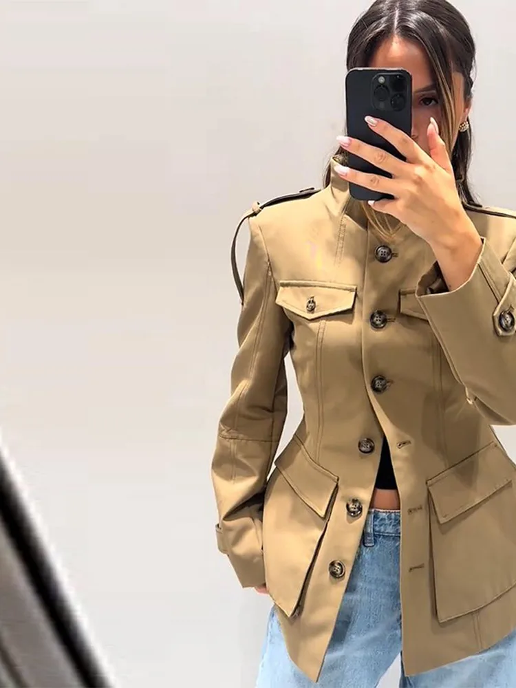 Pocket Stand Collar Long Sleeves Jacket Woman Single Breasted Solid Color Waist Cinching Jackets Versatile Women’s New Jackets 3 Pocket Stand Collar Long Sleeves Jacket Woman Single Breasted Solid Color Waist Cinching Jackets Versatile Women's New Jackets 3