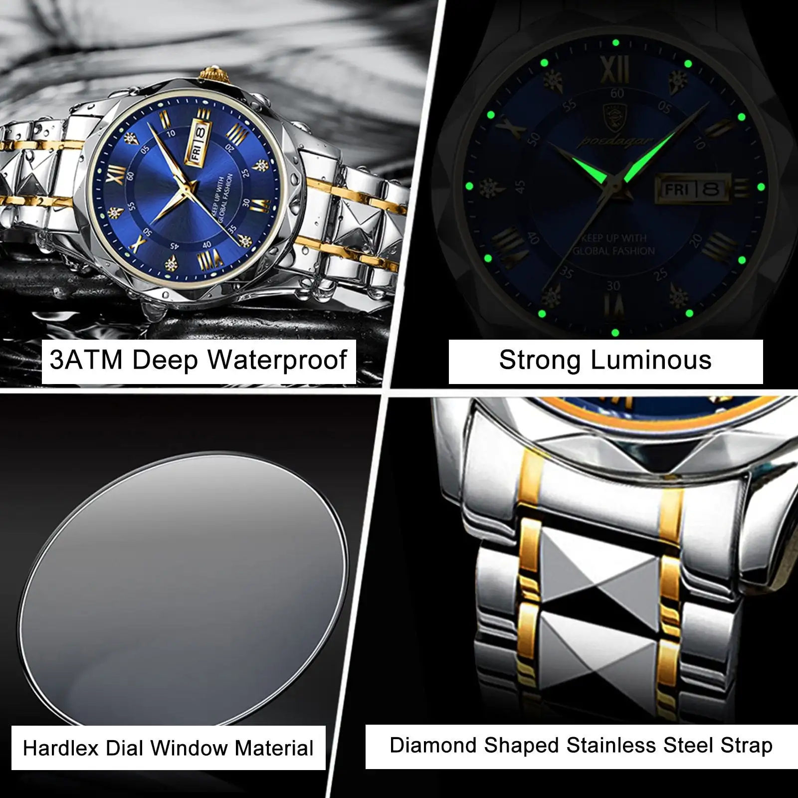 Watch for Men Diamond Business Dress Analog Quartz Stainless Steel Waterproof Luminous Luxury Casual Wrist Watch