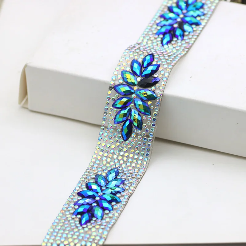 2cm Width Flower Green Blue Hot Fix Rhinestone Cup Chain Glue on Rhinestone Mesh Trim Belt For DIY Dance Dress Clothes.