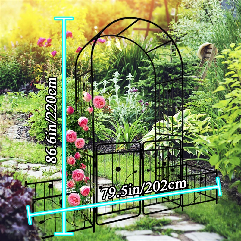 Metal Garden Arch with Door 79.5x86.6in Climbing Plant Support Rose Arch Outdoor Black Suitable for Outdoor Weddings Decorations