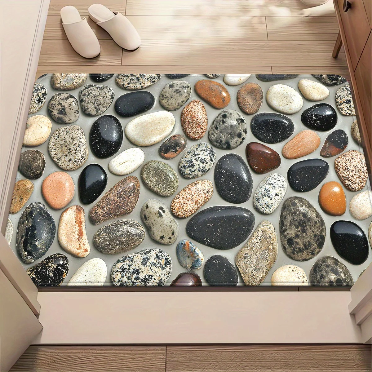 Decorative Natural Stone River Rock Pebble Pattern Doormat Entrance Mat for Bathroom Foyer Hallway Anti Slip Outdoor Indoor Home
