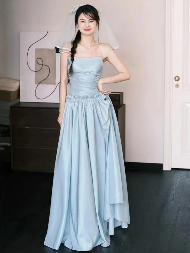 

Blue Satin Bal Bridal Morning Robe Simple Ele Adult Engagement Dr Long Gown with Zipper for Wedding Par Perform...