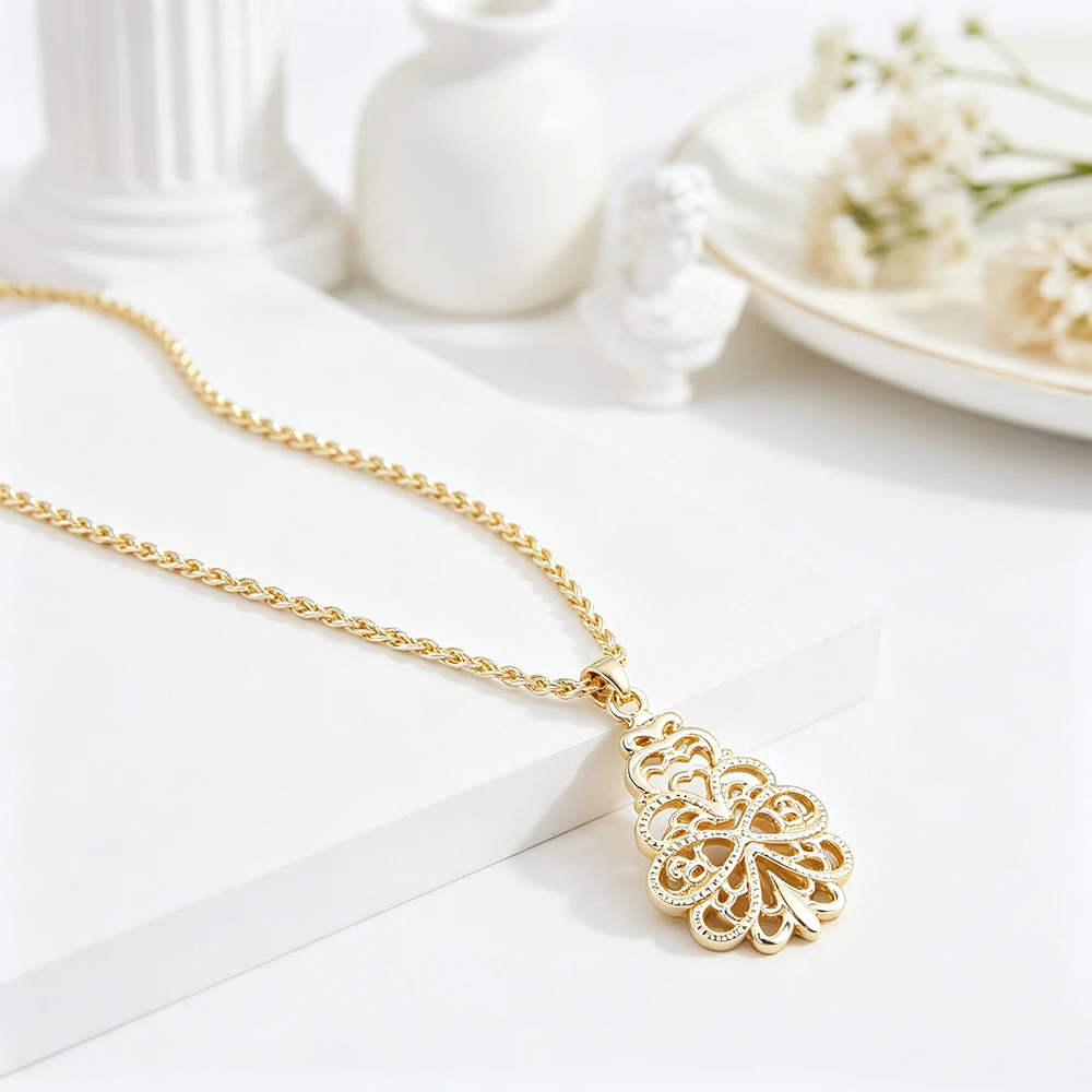Sunspicems Chic Gold Color Arabic Women Pendant Necklace Hollow Filigree Algeria Morocco Bridal Wedding Jewelry