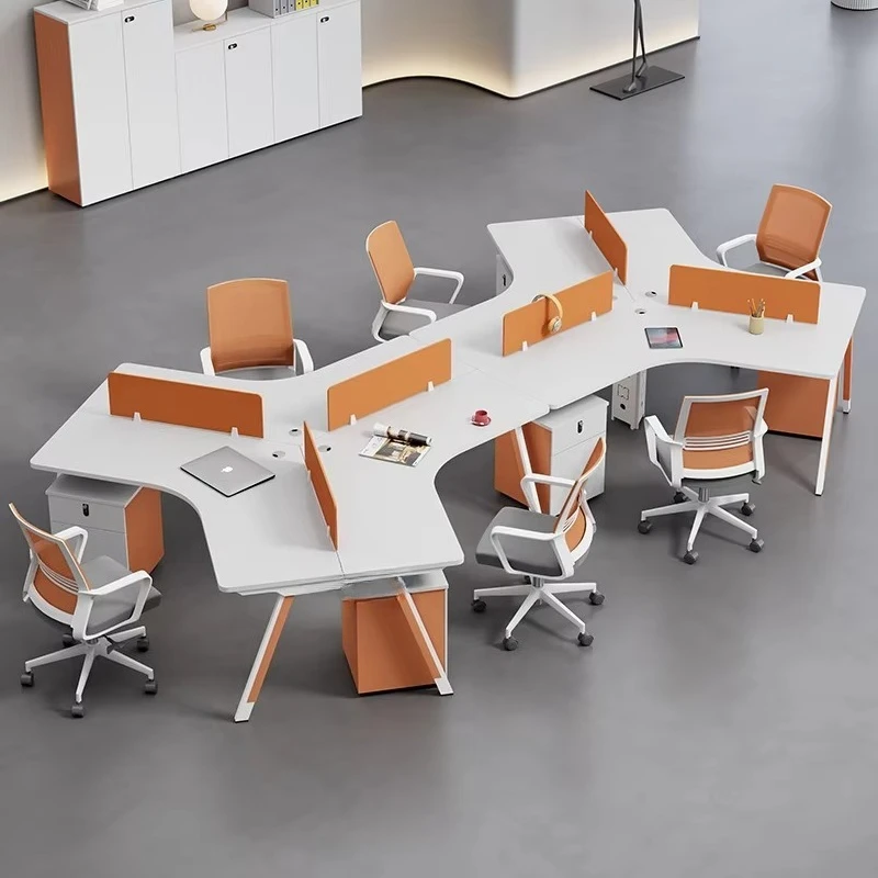 120-Degree wood-paneled modular pentagonal office cubicle computer workstation that can accommodate 10 people