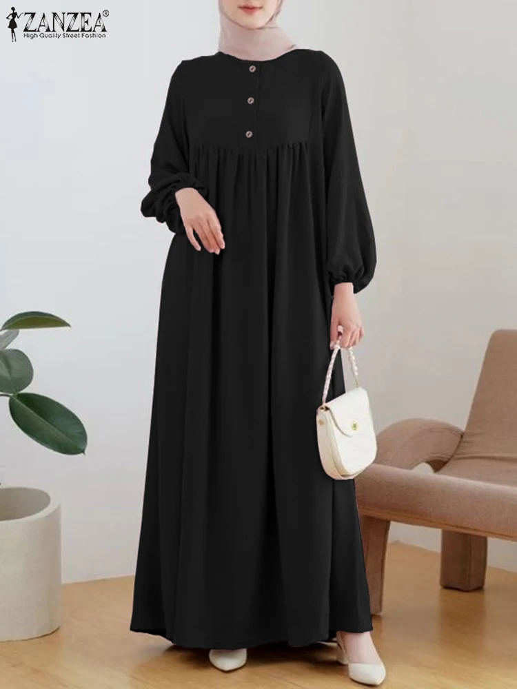 2024 ZANZEA Women Autumn Fashion Solid Dubai Turkey Maxi Sundress Islamic Clothing Vintage O Neck Long Sleeve Muslim Abaya Dress