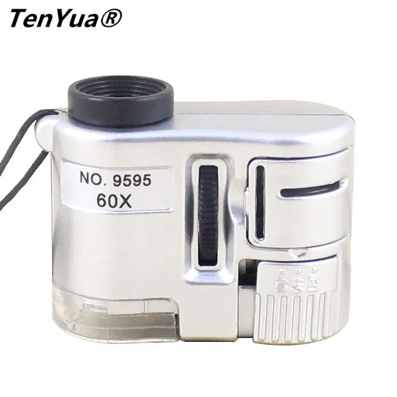 TenYua Mini Portable 60X Microscope Jewelry Magnifiers Loupe Glass LED UV Light Pocket Microscope urrency Dectector Magnifier