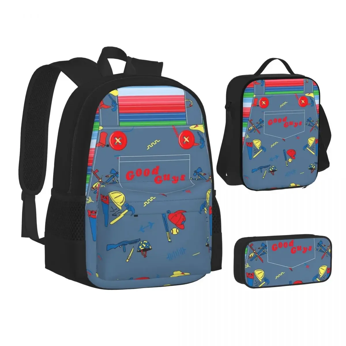 Good Guys Child\'s Play Chucky - Killer Doll Overalls Backpack Bookbag Children School Bags Lunch Bag Pen Bag Three-Piece Set