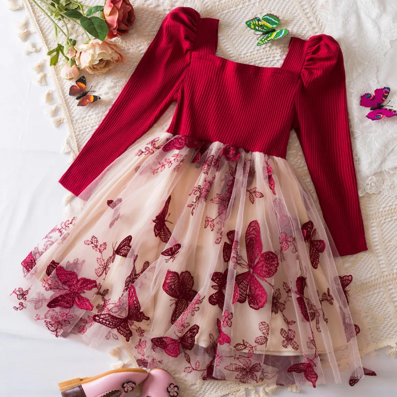 

2025 new autumn and winter new girls' dress Butterfly embroidery gauze princess dress children's birthday dress