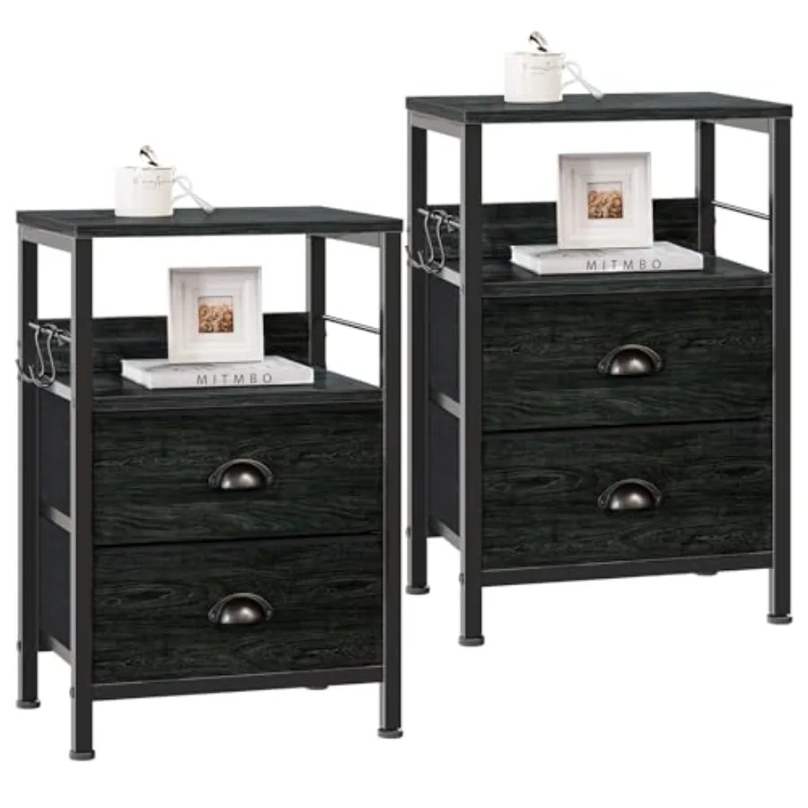 

Nightstands Set 2 Night Stand with 2 Fabric Drawers Bedside Tables with Open Shelf Wooden Top Hooks Backboard Design Metal Fram