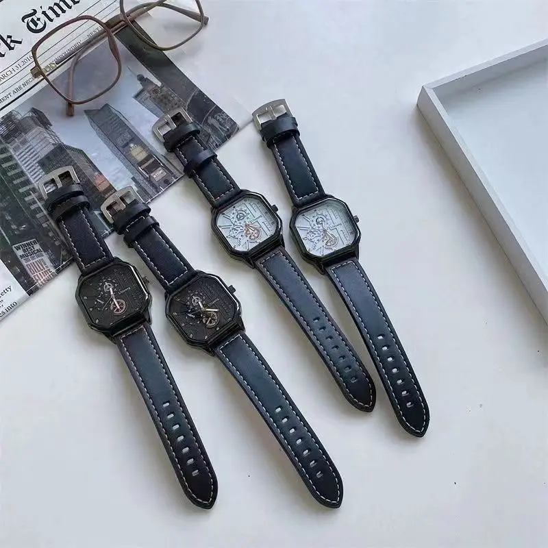 Men\'s Trend Square Leather Watch Black Tech Student British Style 2023 New Quartz WristWatch Luxury Jewelry Gift Wholesale