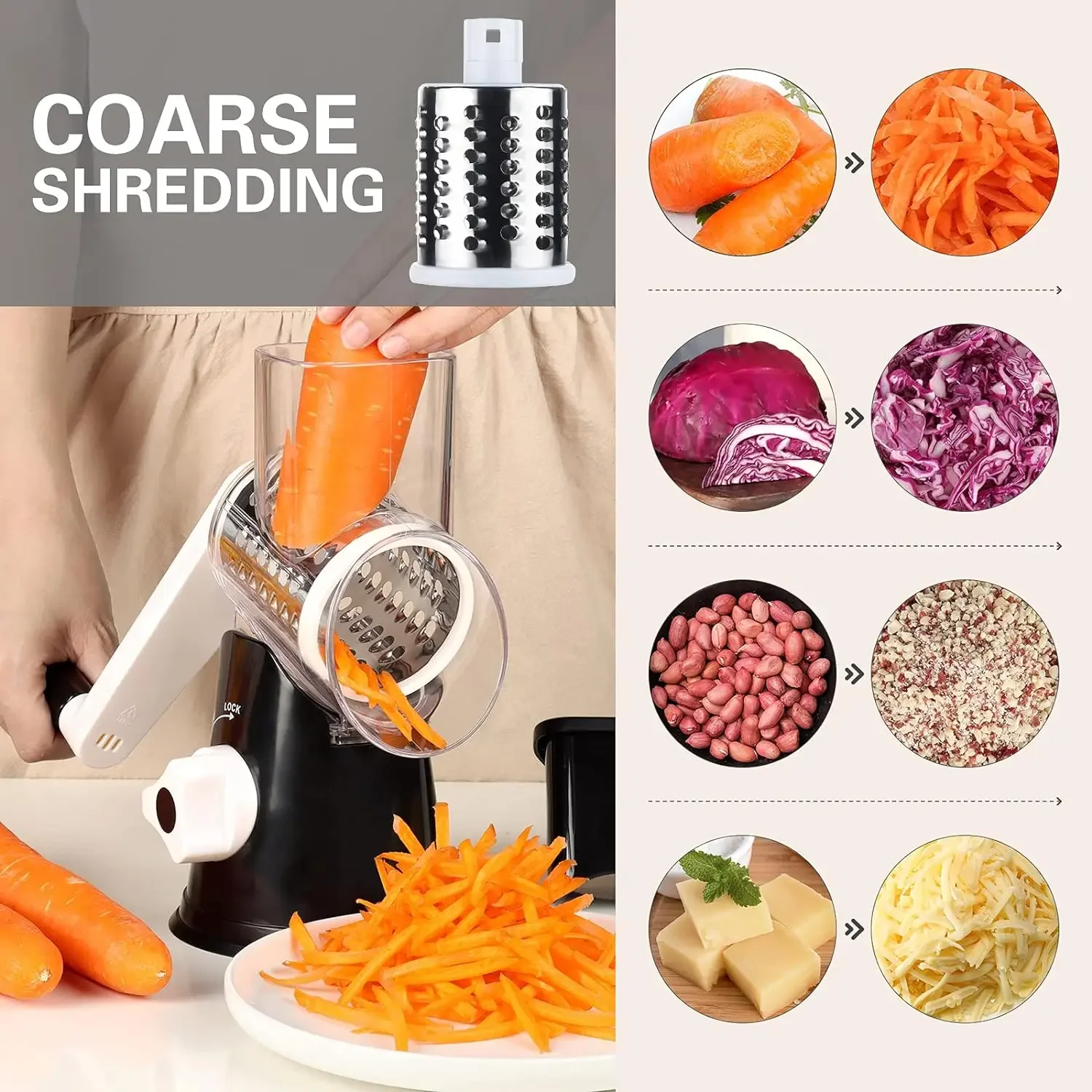Rotary Cheese Grater Cheese shredder - Kitchen manual cheese grater with handle Vegetable slicer Nut grinder three-strand blade