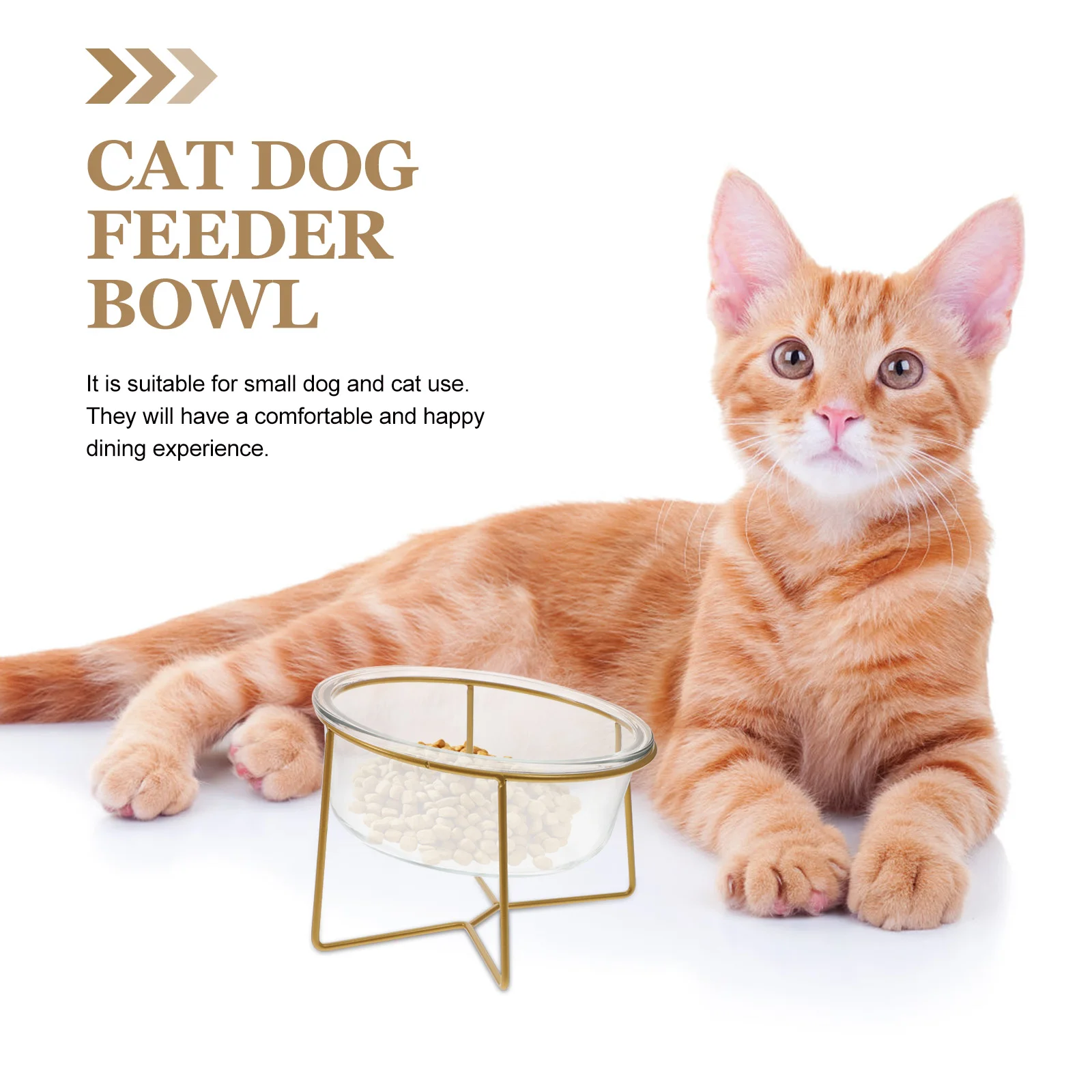 Glass Pet Bowl Comfortable Practical Feeder Supply Food Container Metal Cat Dog High Base Feeding Iron Golden