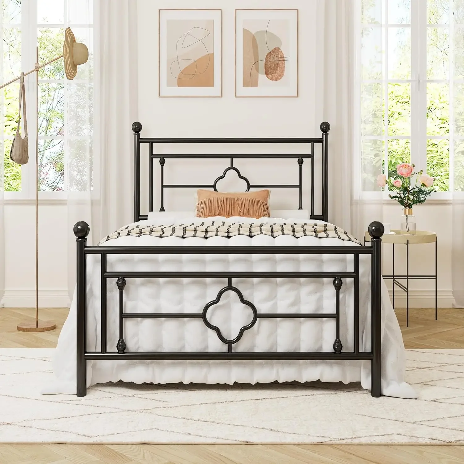 Twin Size Metal Platform Bed Frame with Victorian Vintage Headboard and Footboard/Mattress Foundation/Under Bed Storage/