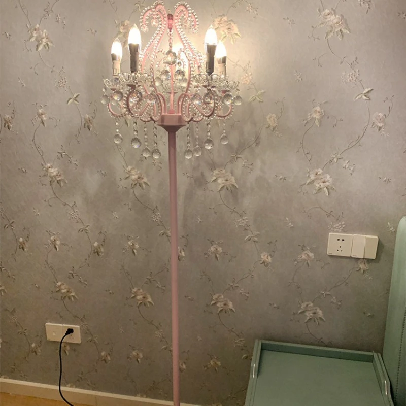 Crystal Vertical Floor Lamp Pink European Princess Style Bedroom Bedside Table Lamp Fashion Host Fill Light Remote Control Lamp