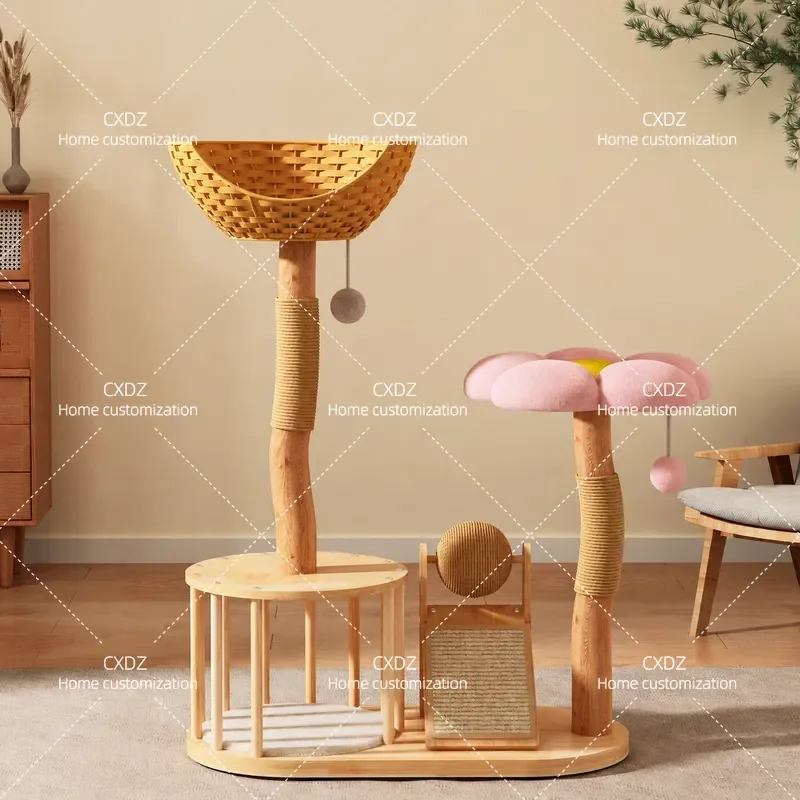 All Solid Wood Cat Climbing Frame with Rattan and Sisal Fruit Wood Trunk Cat Tree Nest for Small Apartments Space Saving