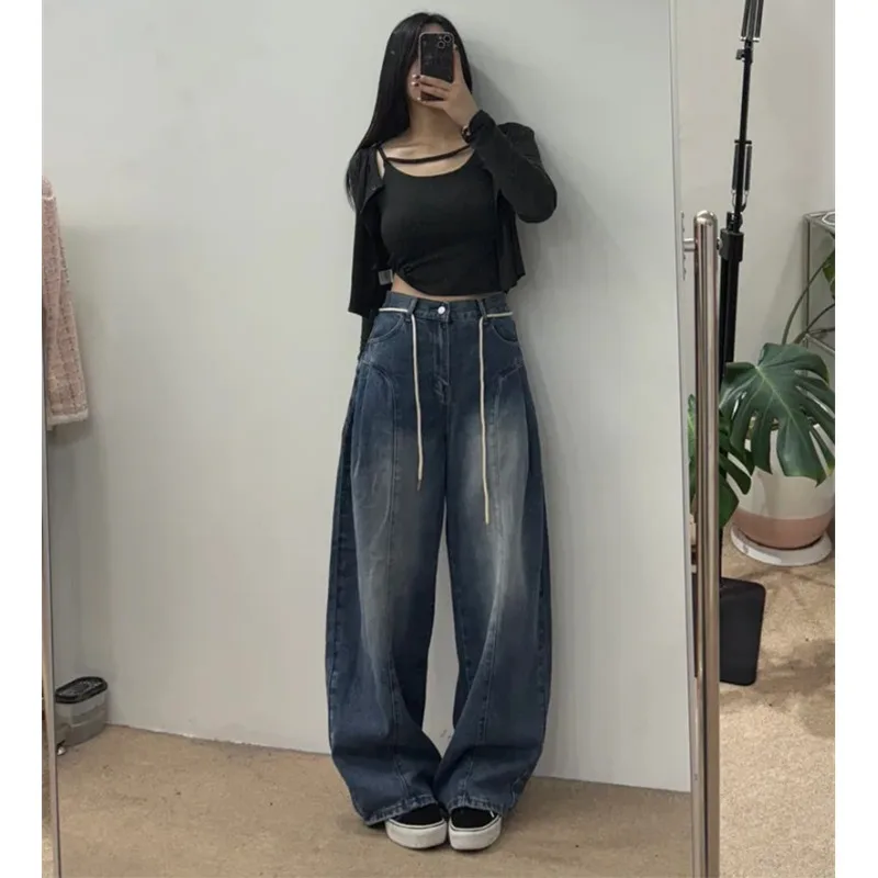 Retro Waed A-Waist Denim Jeans with Knot Rope And Needle Pleats Women's Korean Sle Casual Straight Leg Trousers