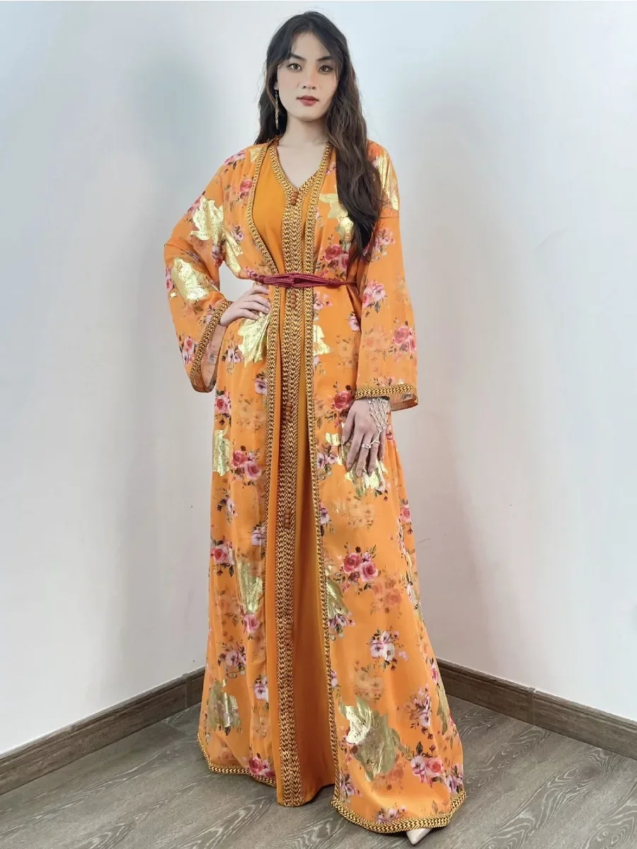 Morocco Muslim Dress Women Floral Print Diamond Abaya 2 Piece Set Dubai Arabic Party Vestidos Long Kaftan Islamic Gown Robe 2022