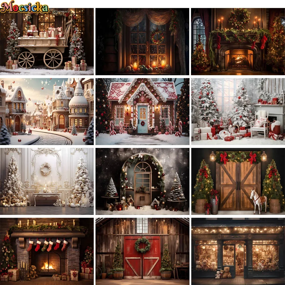 

Photography Background Christmas Tree Fireplace Windows Winter Snow Xmas Props Kids Family Portrait Decor Backdrops Photo Studio