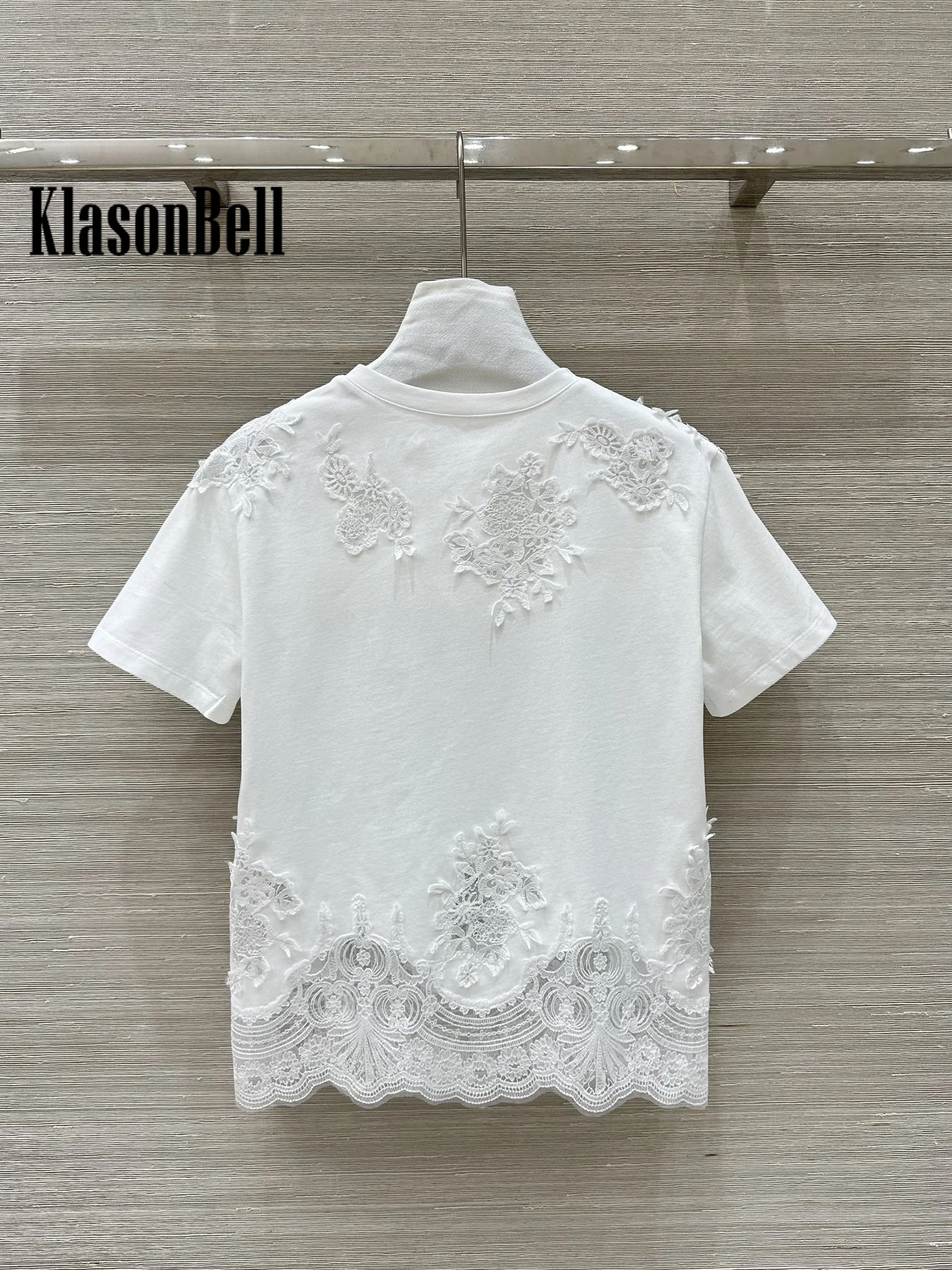 1.19 KlasonBell High Quality Lace Embroidery Flower Hem Spliced Cotton Temperament O-Neck Classic Casual T-Shirt For Women