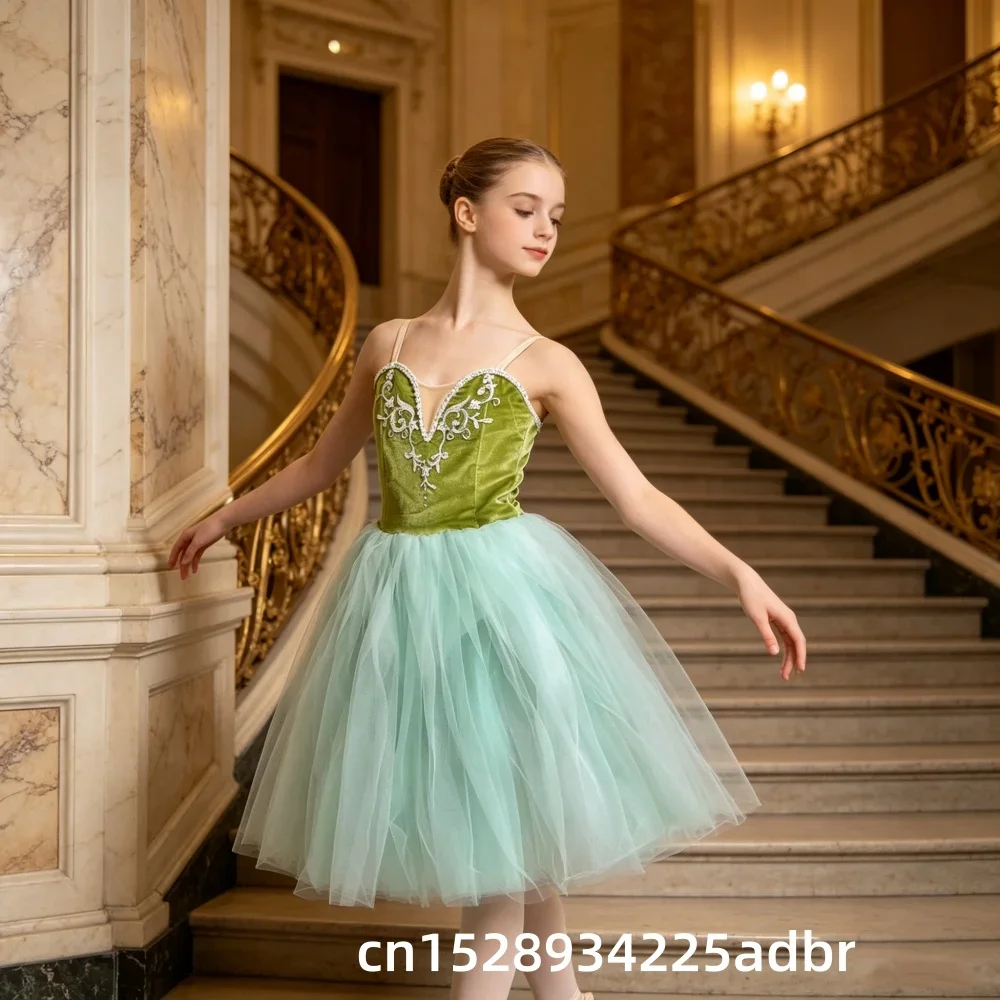 Girls Romantic Tutus Green Velvet Ballet Dress Children's Performance Ball Gown Kids Professional Ballet Tutu Costume Ballerin
