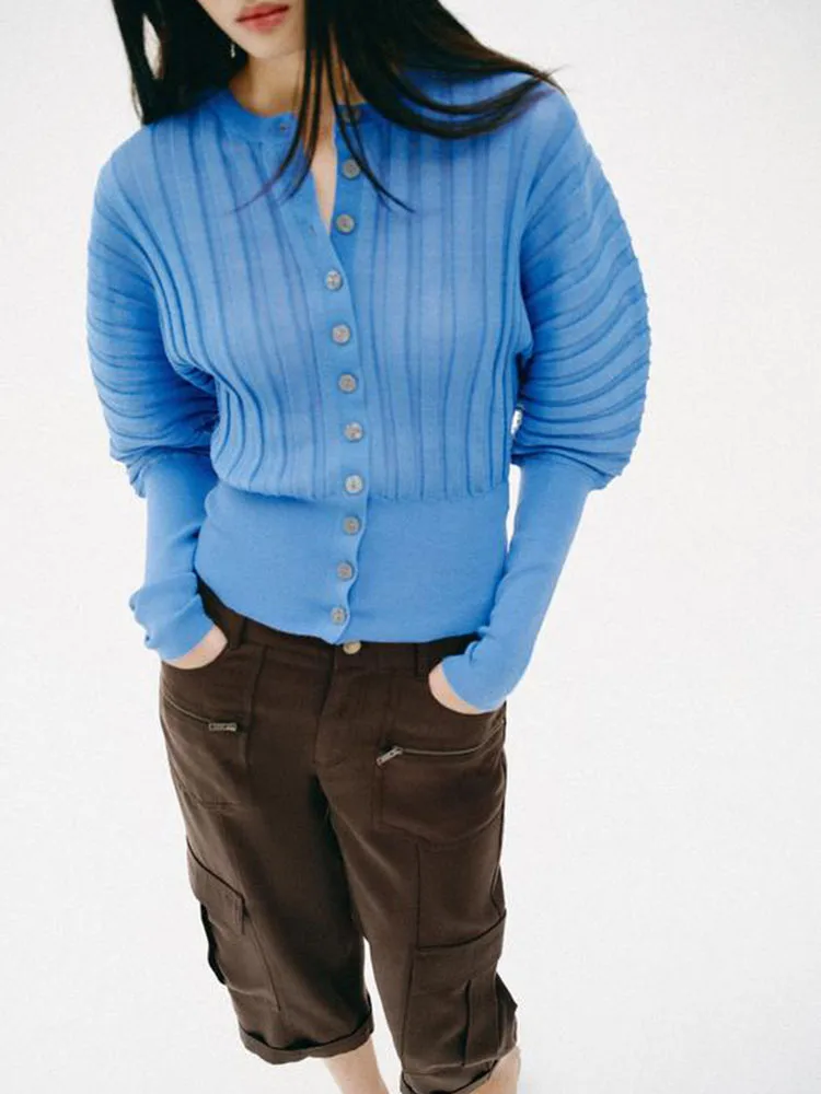 

Весна 2026: Женский вязаный кардиган в стиле ретро с длинными рукавами, круглым вырезом, плиссированными рукавами и пуговицами, фасон «морковка»