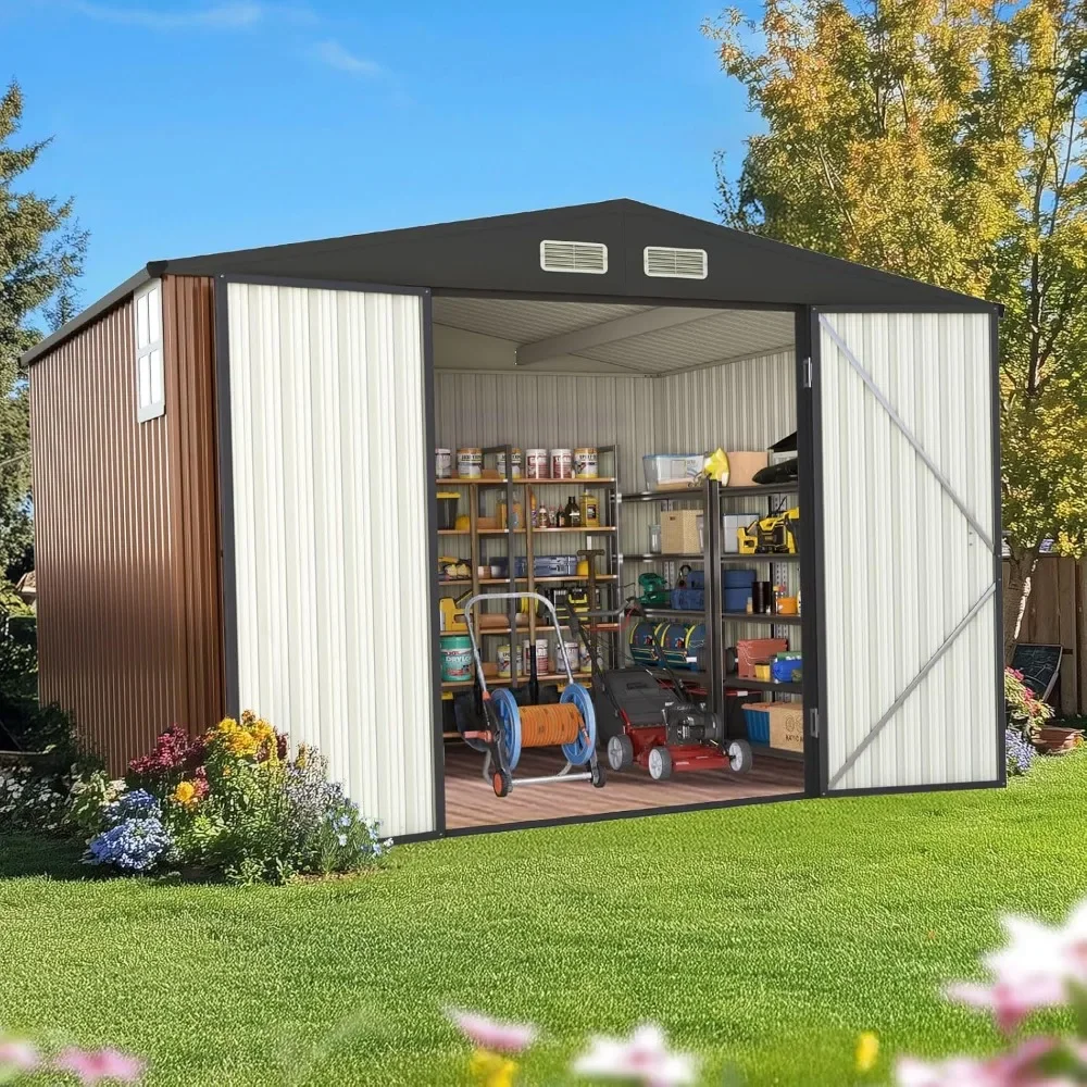 12 x 10 foot heavy-duty storage shed, lockable, sloping roof, transparent windows and rounded corners, weatherproof storage shed