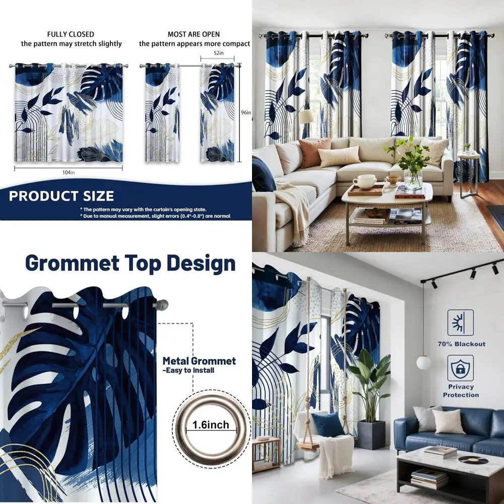 ستائر النخيل الحديثة باللونين الأزرق الداكن والأبيض في منتصف القرن، طراز بوهو، 96 طول، 2 لوحة، 52x96