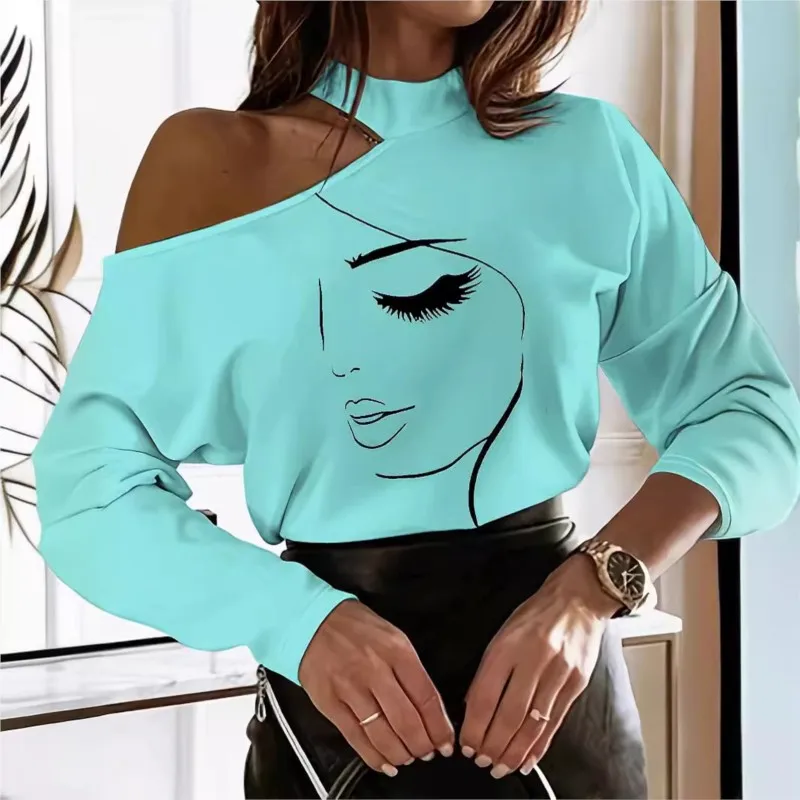 

Elegant Solid Women Tops Sexy Off-shoulder O Neck Long Sleeve Print T-shirts Spring Autumn Casual Office Lady Top