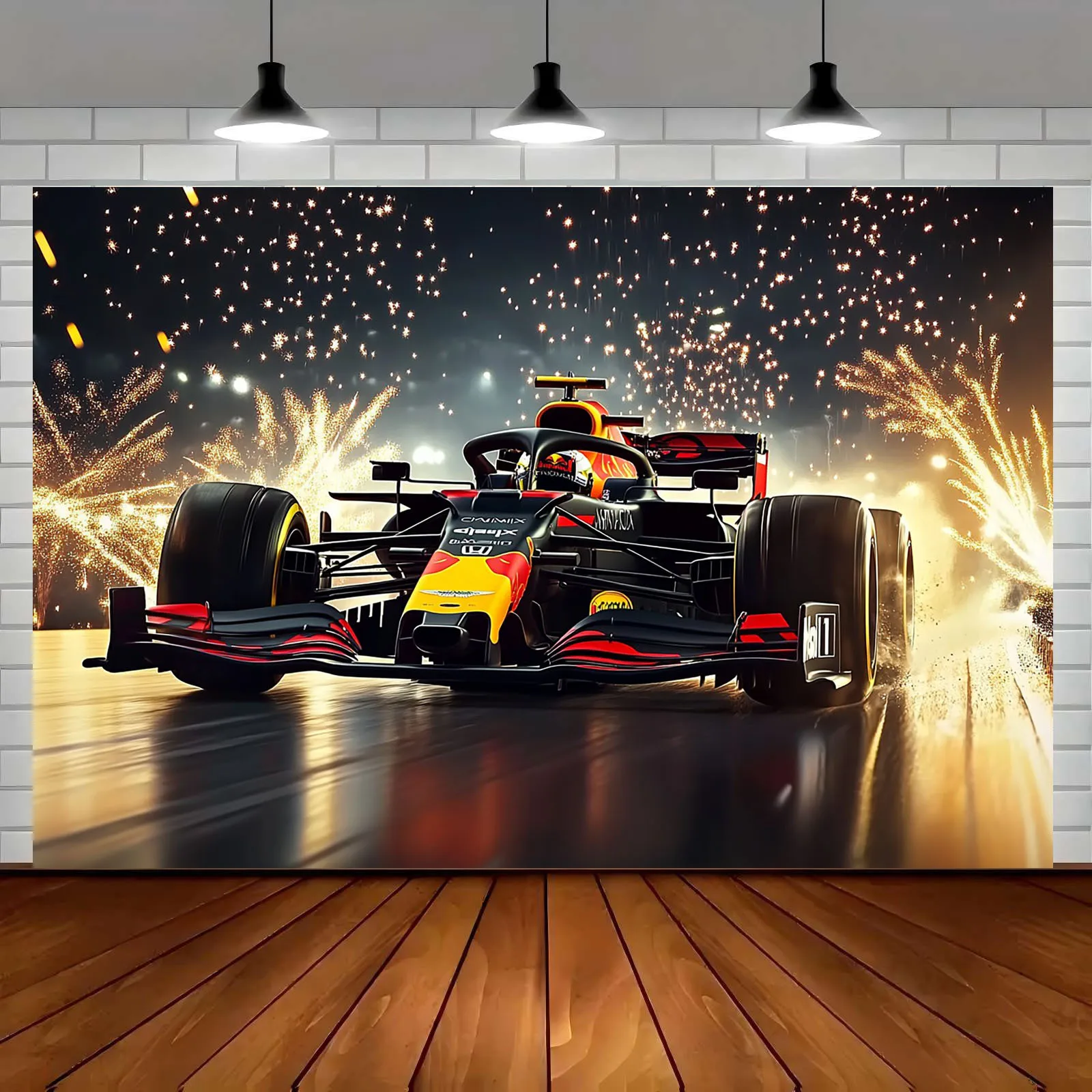 1. Fotobanner mit 2D-Formel zum Thema Rennsport mit Funken – leuchtend rotes und schwarzes Formelauto-Design, Rennparty-Dekoration