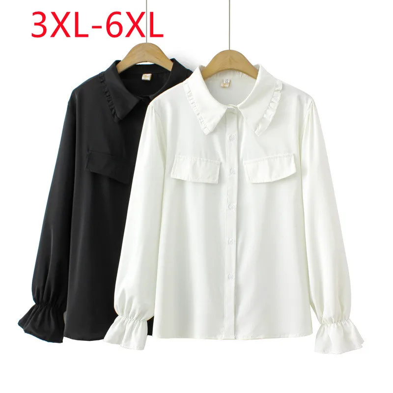 

New 2023 Ladies Spring Summer Plus Size Tops For Women Large Size Long Sleeve O-neck Black shirt 3XL 4XL 5XL 6XL