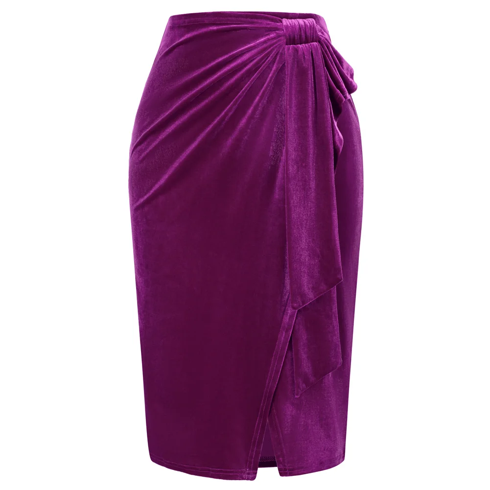 

KK Women Wrap Hem Velvet Skirt Elastic Waist Below Knee Ruched Bodycon Skirt Office Lady Workwear Business Pencil Skirt A30