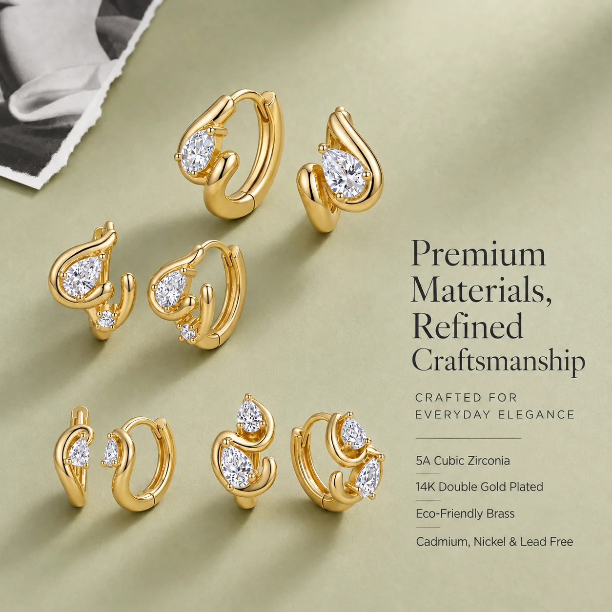 Moonmory Minimalistische Luxus-Ohrringe aus Messing mit gedrehter Birnenform für Damen, 14 Karat Gold, doppelt vergoldet, Marquise-Kontur-Tropfen-Huggie-Ohrringe – Detail 8