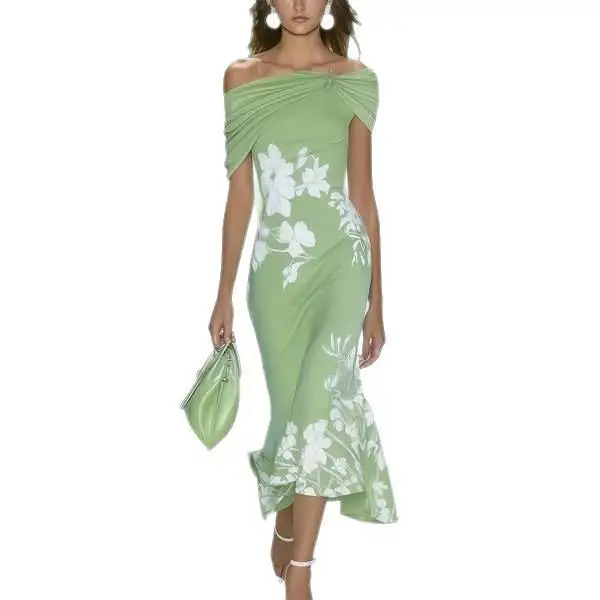 กระโปรงผ้าโพลีเอสเตอร์พิมพ์ลายดิจิทัลสำหรับฤดูร้อน ทรงเอ ไหล่เฉียง ผ่าข้าง ผ้าพันรอบตัว สำหรับผู้หญิง