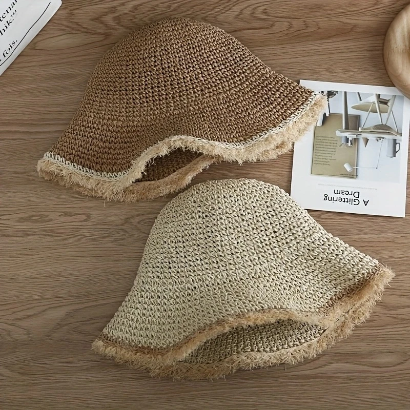 

Raffia grass brim hat women's summer Korean version beach cover foldable sun hat small fresh fisherman braid straw hat