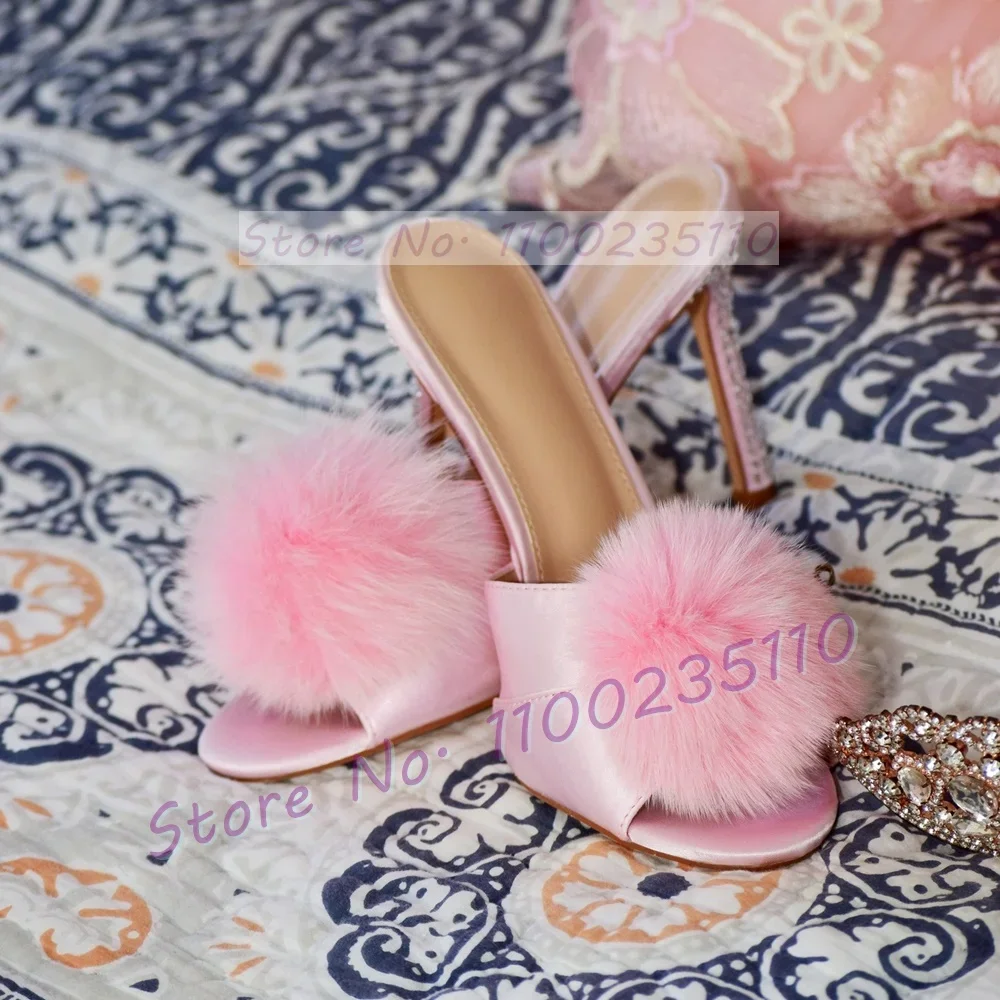 Pink Pom Poms Crystal High Heels Slippers Women Sweet Open Toe Satin Stilettos Ladies Summer Lovely Shiny High Heels Fur Mules view 3