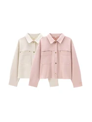 Faux Suede Jacket for Women, Patch Pockets, Loose Coat, Long Sleeve, Snap Button, Female Outerwear, Chic Tops, Fashion
