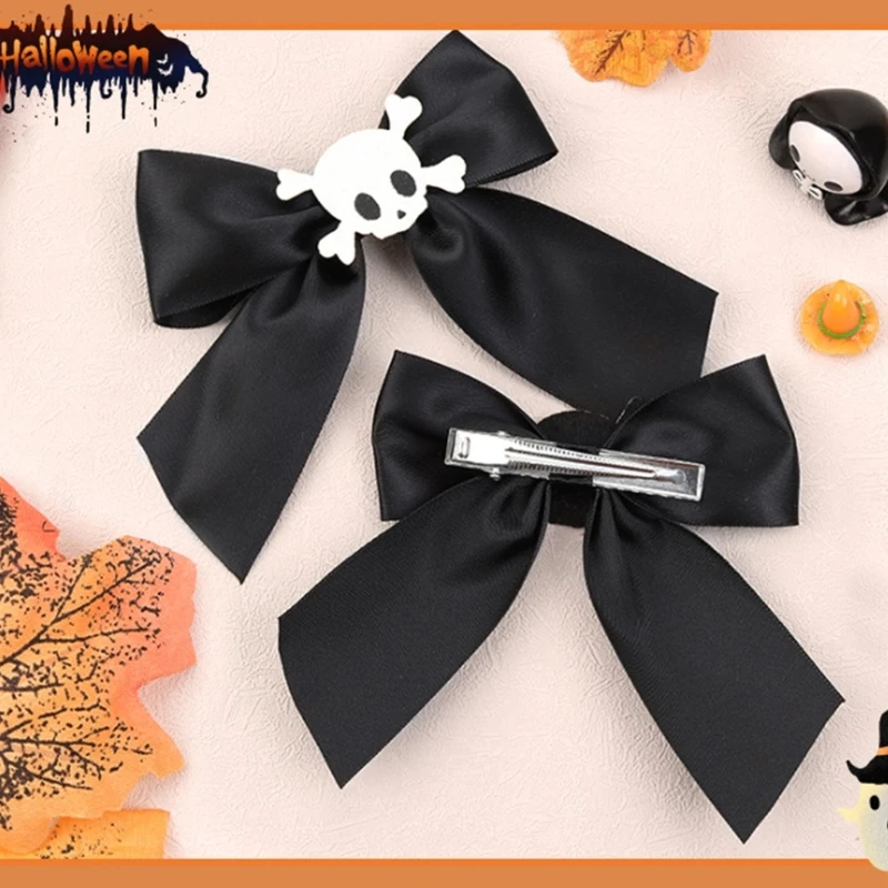 

1pair Goth Bowknot&Skull Hairpins Hot Girls Punk Hair Clip Halloween Punk Ponytail Bangs Hair Clip for Woman