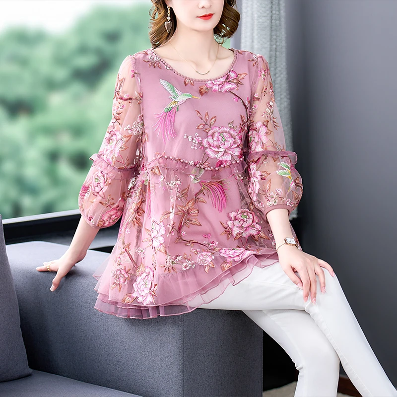 2023 Spring/Summer New Loose Embroidery O-Neck Versatile Little Shirt Bohemian Women's Loose Large Sleeves Slim Lace Shirt