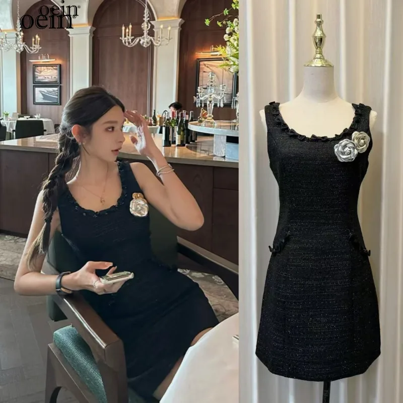 [oein] Fan Qianjin. Woven Belt With Exposed Back, Fine Shimmering Black Dress. Women's Autumn Harvest Waist Vest