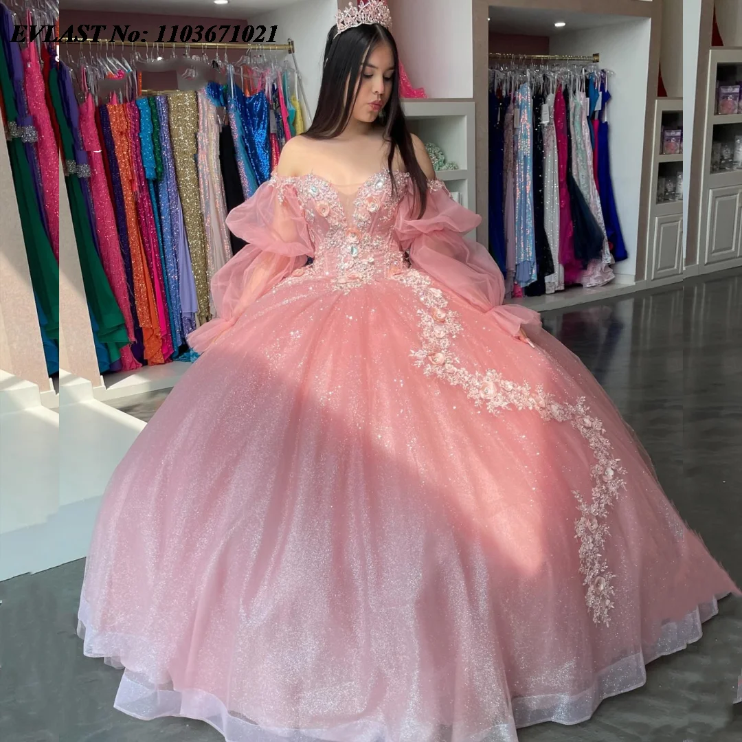 EVLAST Dostosowana różowa suknia Quinceanera Suknia balowa Koronkowa aplikacja Frezowanie Kryształ Meksykański słodki 16. Vestidos De 15 Anos SQ658