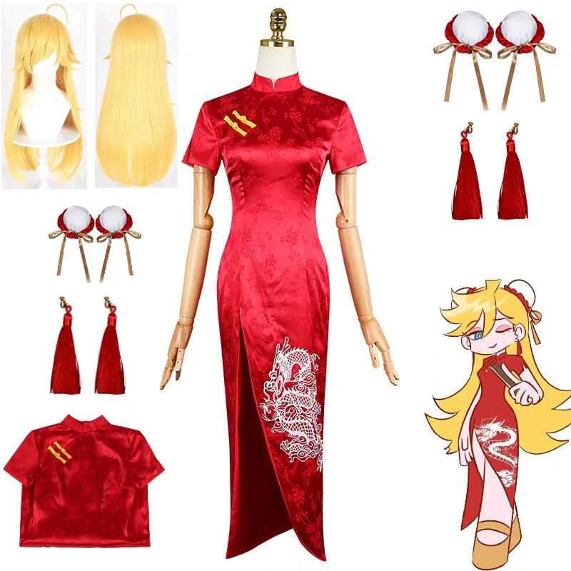 

Anime Panty Stocking Panty Cosplay Costume Wig Red Cheongsam Headdress Anime Role Play Stocking Halloween Cosplay Outfit