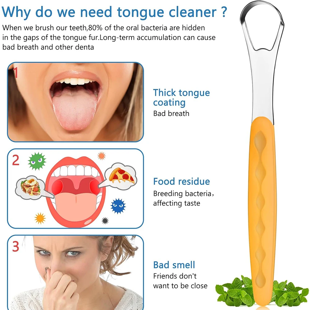 مكشطة اللسان مع حقيبة سفر محمولة من الفولاذ المقاوم للصدأ، منظف اللسان المعدني، العناية بصحة الفم، سهلة التنظيف، تقليل رائحة الفم الكريهة