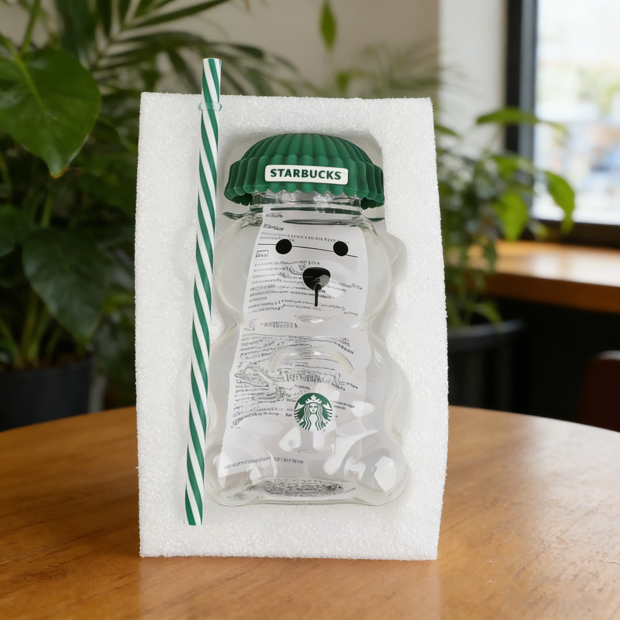 Copo Starbucks Bearista Bear de 591ml com Tampa Verde e Canudo, Copo de Vidro para Café Gelado, Presente
