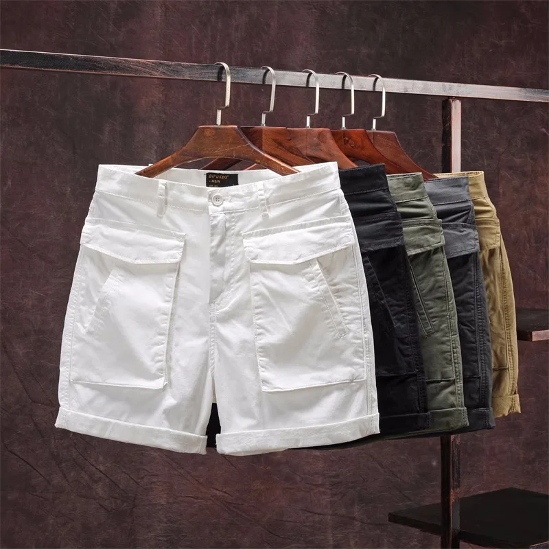 Men's Summer Multi Pockets Casual Shorts Solid Color Cargo Shorts Fashion Loose Knee Length Overall Shorts Cotton Beach Shorts