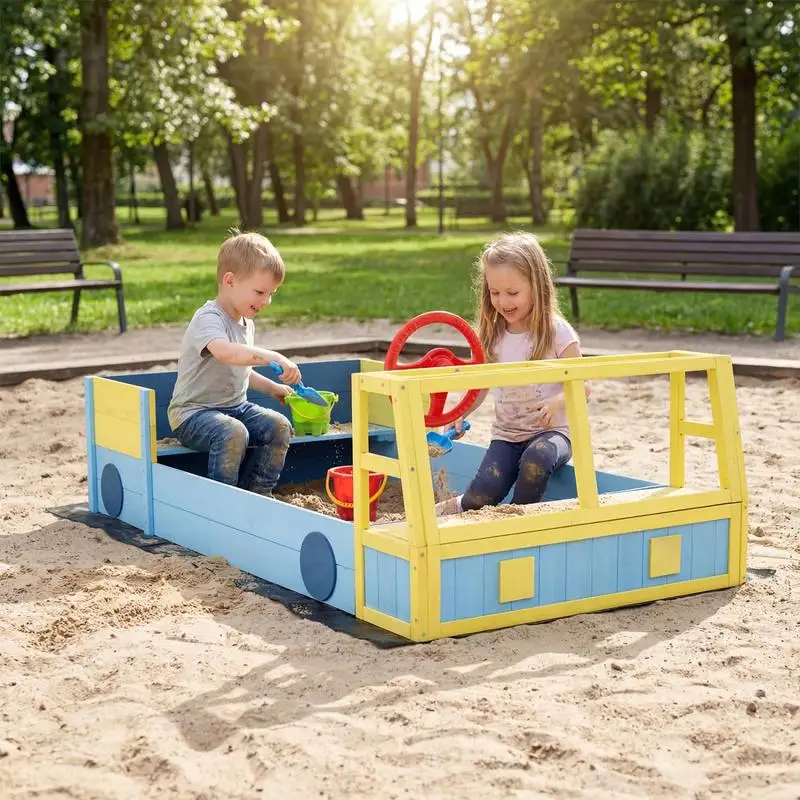 Obrázek 3: Velký dřevěný děti sandbox s dno liniové a lavice seat-blue
