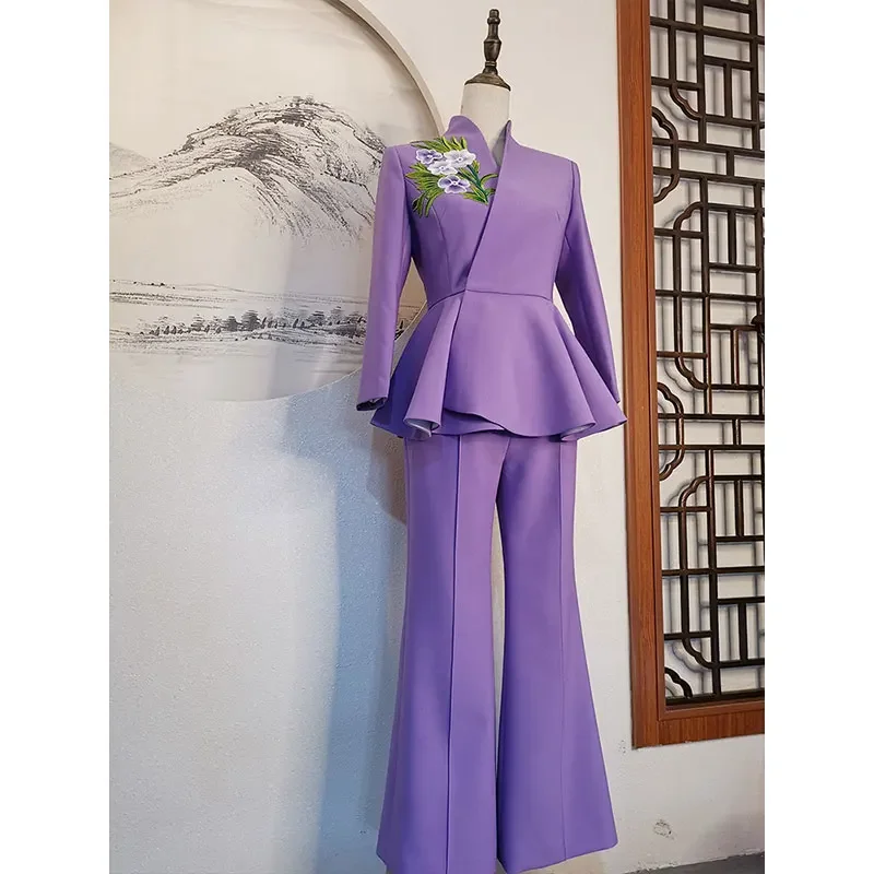 Women's High End Pants Suit Blazers Embroidery Elegant Formal Suits 2 Pieces Women's Sets Purple color Can be customized Clothes